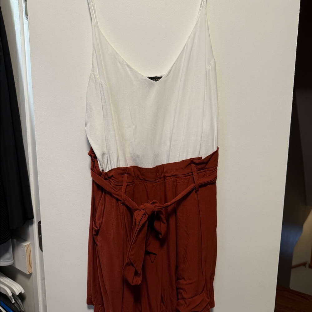 Shinestar White and Rust Brown Two-Tone Sleeveless Jumpsuit